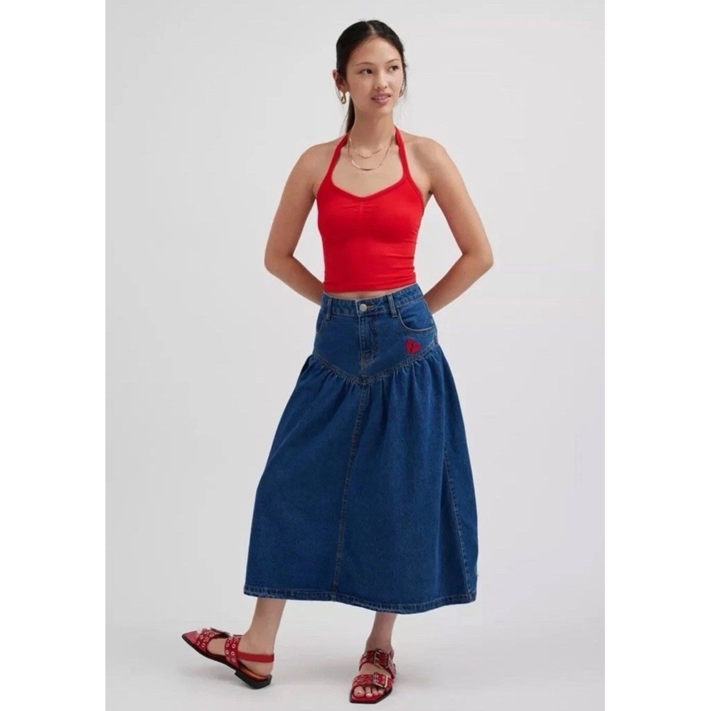 Kimchi Urban Outfitters‎ Clara Drop Waist Denim Midi Skirt Women's XS Heart
